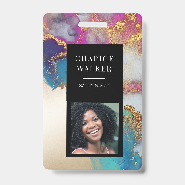 watercolor faux gold foil salon photo name ID badge (Front)