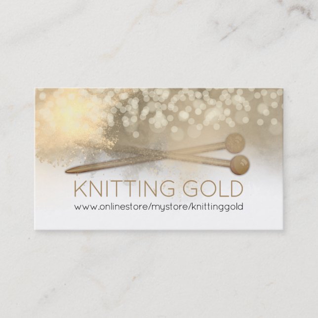 Watercolor faux gold glitter knitting needles business card (Front)