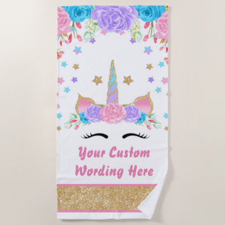 Watercolor  Faux Gold Glitter Unicorn Personalised Beach Towel