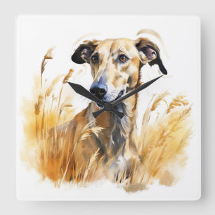 WATERCOLOR FAWN GREYHOUND DOG IN FIELD SQUARE WALL CLOCK