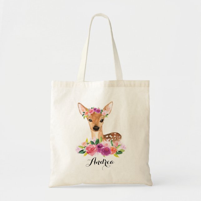 Watercolor Fawn with Floral Crown Personalised Bag (Front)