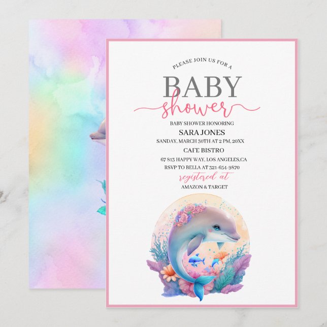  Watercolor fcute dolphin baby shower Invitation (Front/Back)