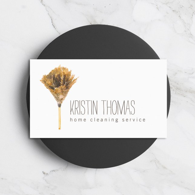 Watercolor Feather Duster Home Cleaning Service Business Card (Creator Uploaded)