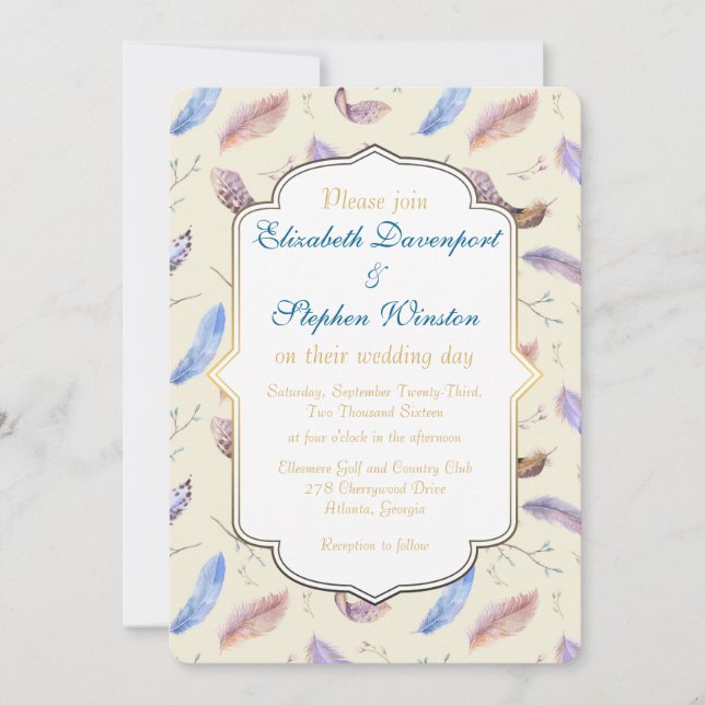 Watercolor Feather Pattern and Fancy Frame Wedding Invitation (Front)