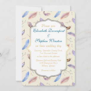 Watercolor Feather Pattern and Fancy Frame Wedding Invitation
