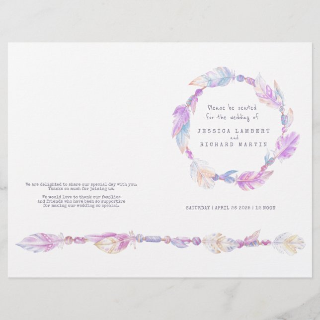Watercolor feather purple wreath wedding programme (Front)