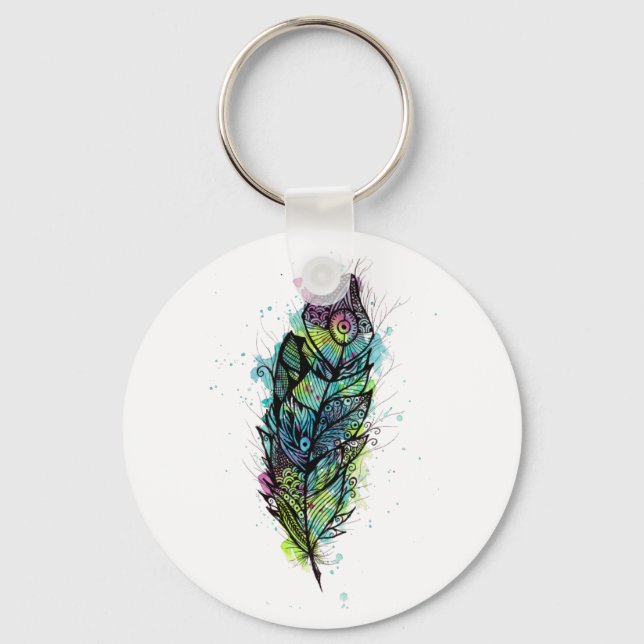 Watercolor Feather Tattoo Key Ring (Front)