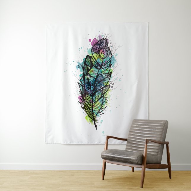 Watercolor Feather Tattoo Tapestry (In Situ)