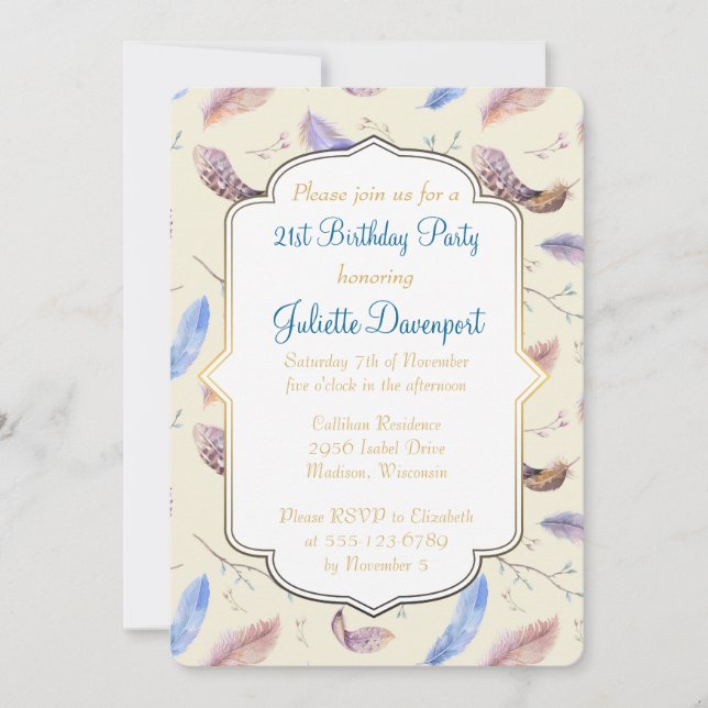 Watercolor Feathers and Fancy Frame Birthday Invitation (Front)