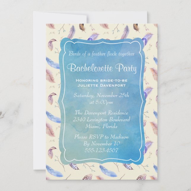 Watercolor Feathers and Leaves bachelorette Party Invitation (Front)