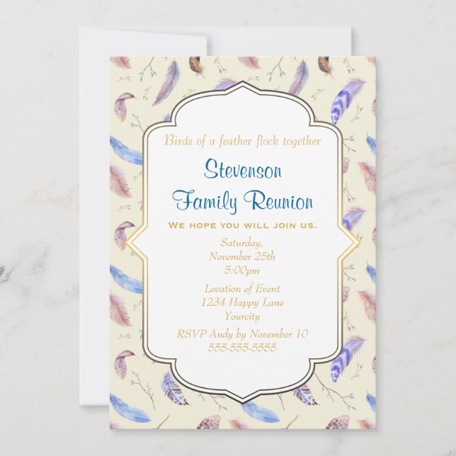 Watercolor Feathers and Leaves Family Reunion Invitation (Front)