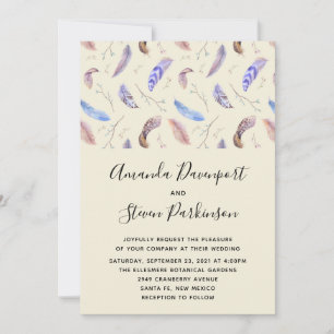 Watercolor Feathers and Leaves Wedding Invitation