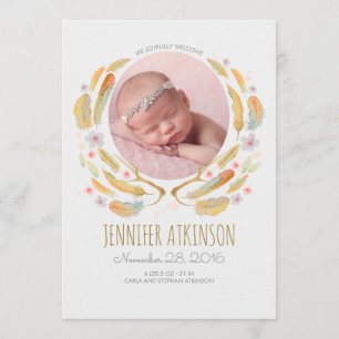Watercolor Feathers Antler Floral Boho Baby Birth Announcement