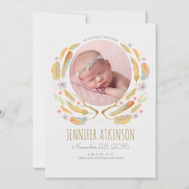 Watercolor Feathers Antler Floral Boho Baby Birth Announcement (Front)