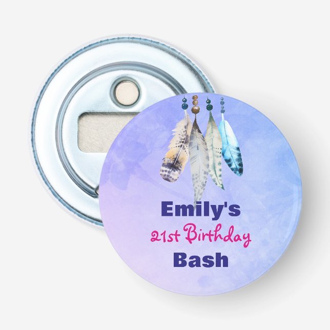 Watercolor Feathers Birthday Bash Favour Bottle Opener (Front)