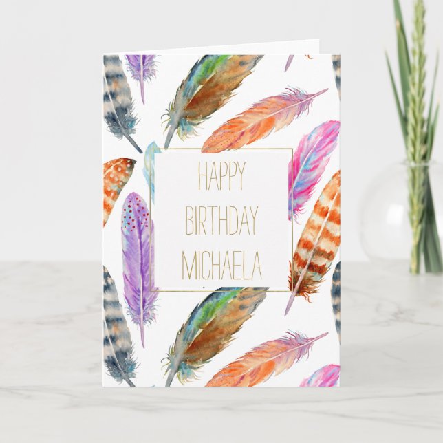 Watercolor Feathers Birthday Card (Front)