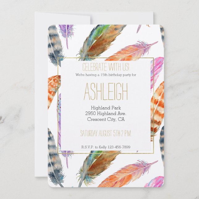 Watercolor Feathers Birthday Invitation (Front)