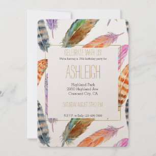 Watercolor Feathers Birthday Invitation