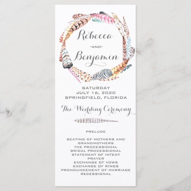 Watercolor Feathers Bohemian Wedding Programs Programme (Front)