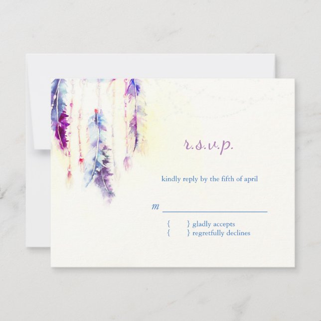 Watercolor Feathers Boho Wedding RSVP Card (Front)