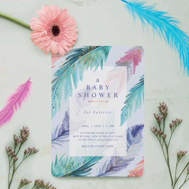 Watercolor Feathers Chic Bohemian Boy Baby Shower Invitation (Watercolor Feathers Chic Bohemian Boy Baby Shower Invitation)