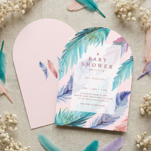 Watercolor Feathers Chic Bohemian Girl Baby Shower Invitation