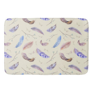 Watercolor Feathers Leaves and Branches Pattern Bath Mat