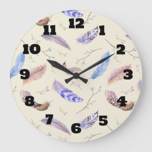 Watercolor Feathers Leaves and Branches Pattern Large Clock