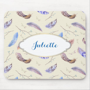 Watercolor Feathers Leaves and Branches Pattern Mouse Mat