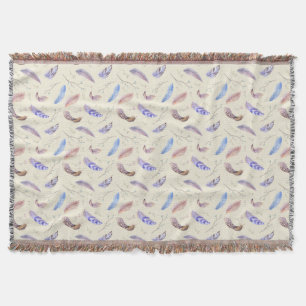 Watercolor Feathers Leaves and Branches Pattern Throw Blanket