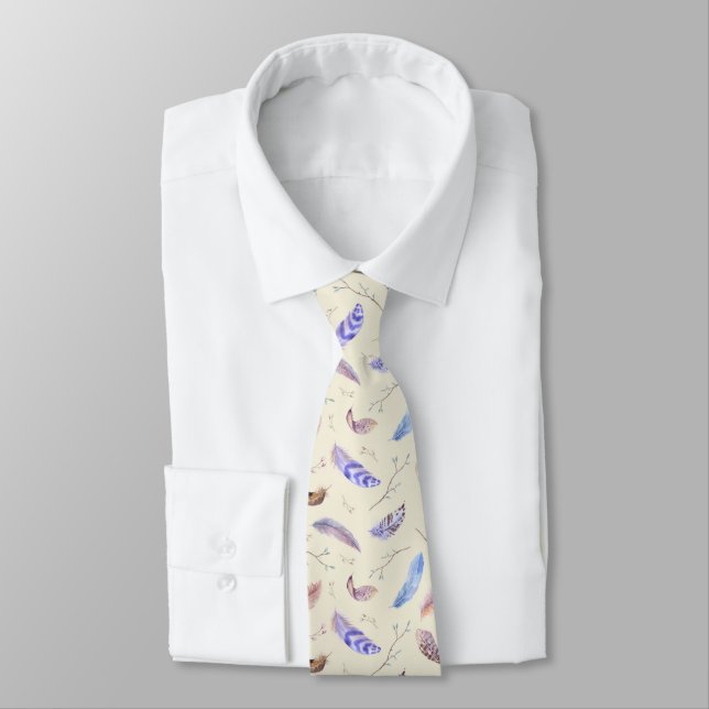 Watercolor Feathers Leaves and Branches Pattern Tie (Tied)