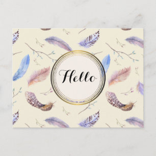 Watercolor Feathers Leaves and Stems Pattern Postcard