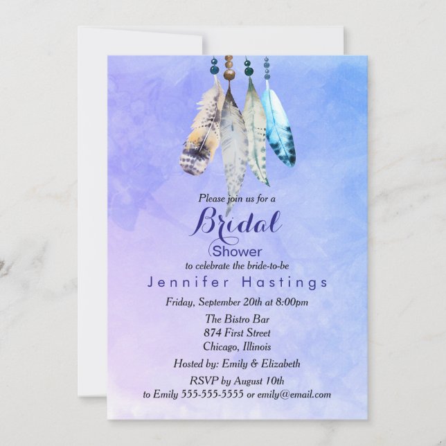 Watercolor Feathers on Bluish Purple Bridal Shower Invitation (Front)