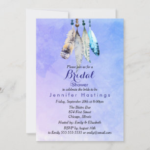 Watercolor Feathers on Bluish Purple Bridal Shower Invitation