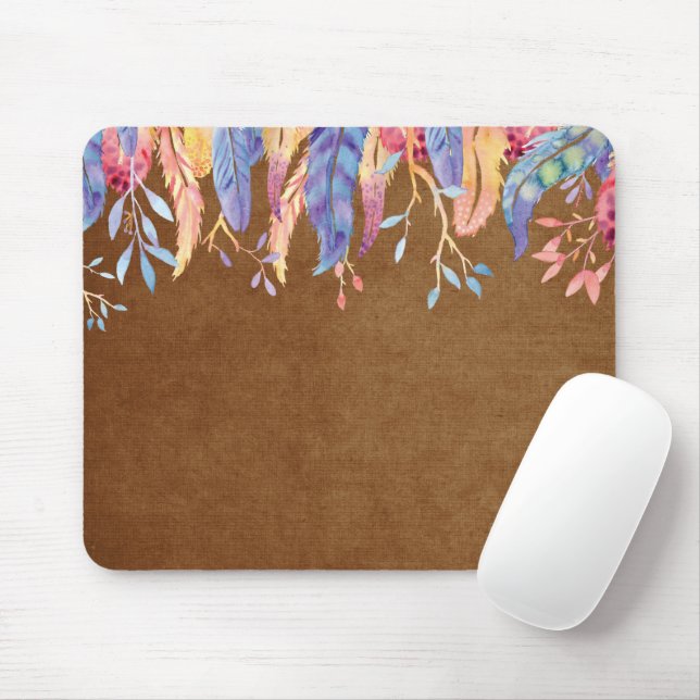 Watercolor Feathers On Brown Mouse Mat (With Mouse)