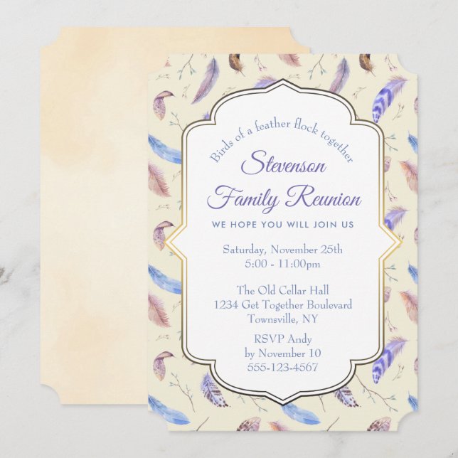 Watercolor Feathers Pattern Family Reunion Invitation (Front/Back)