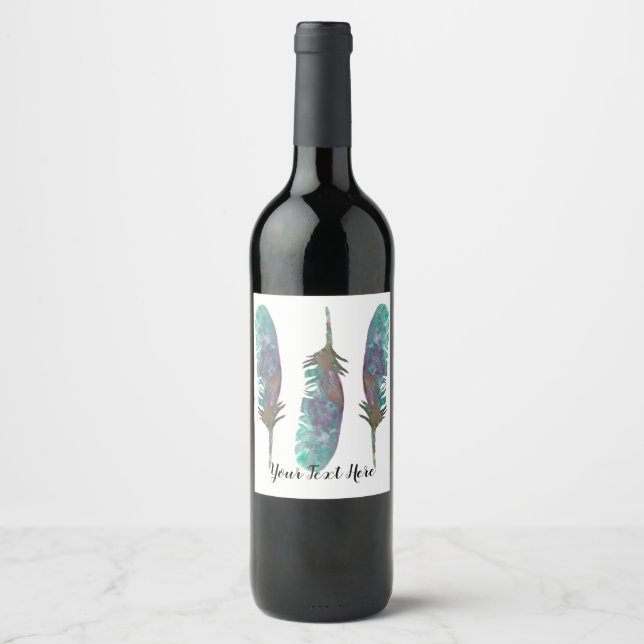 Watercolor Feathers Personalised Wine Bottle Label (Front)