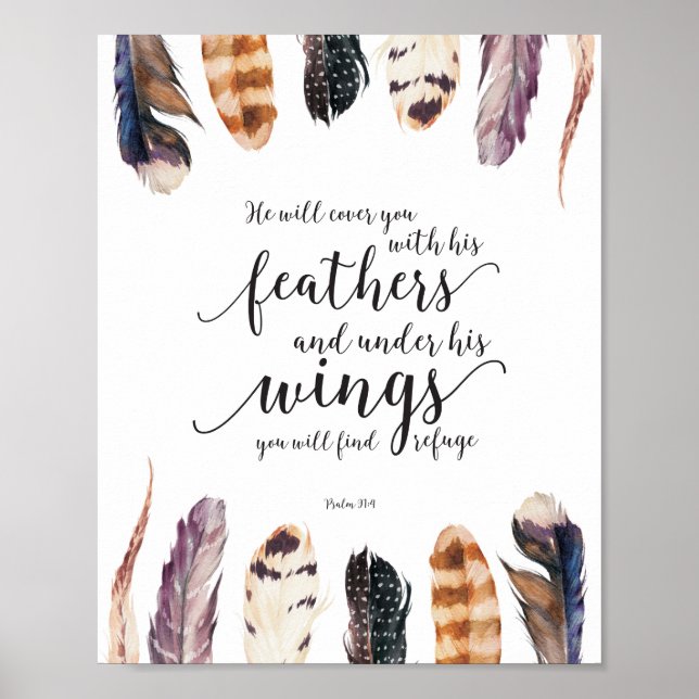 Watercolor Feathers Refuge Bible Verse Typography Poster (Front)