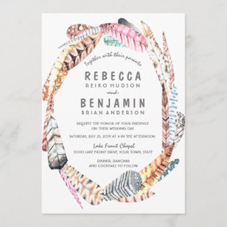 Watercolor Feathers Rustic Bohemian Wedding Invite