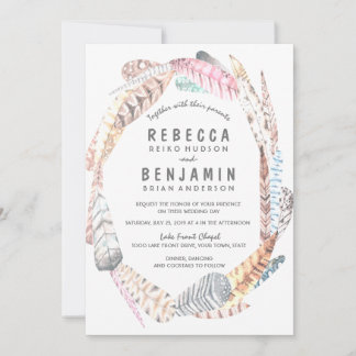 Watercolor Feathers Rustic Bohemian Wedding Invite
