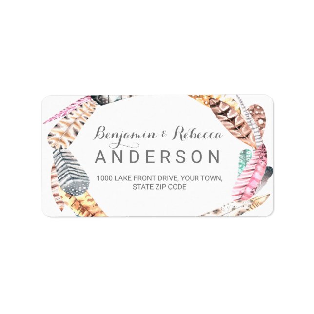 Watercolor Feathers Rustic Bohemian Wedding Label (Front)