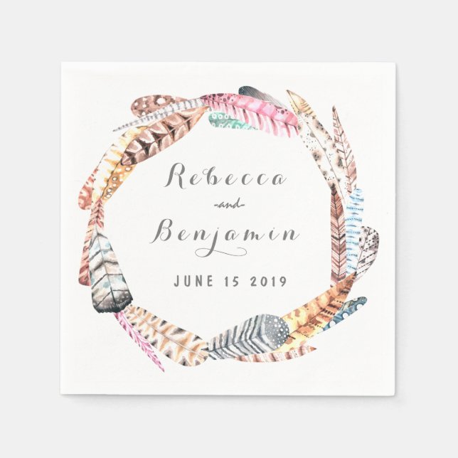 Watercolor Feathers Rustic Bohemian Wedding Napkin (Front)