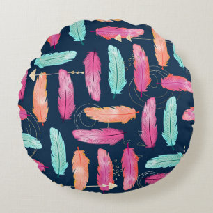 Watercolor feathers seamless boho pattern with fea round cushion
