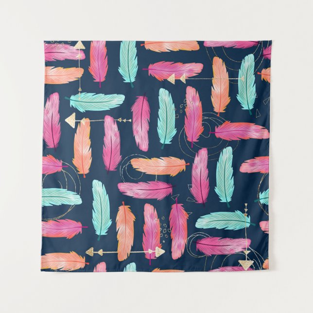 Watercolor feathers seamless boho pattern with fea tapestry (Front)