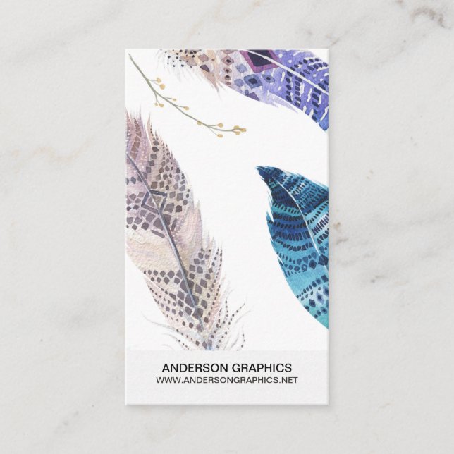 Watercolor Feathers Vertical Business Card (Front)