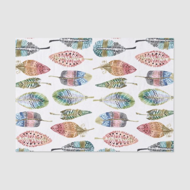 Watercolor Feathers white mauve blue pink green Tissue Paper (Front)