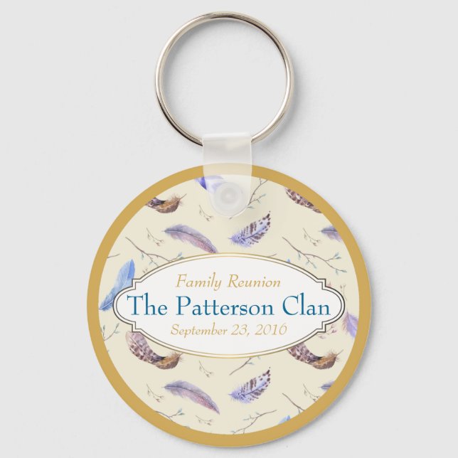 Watercolor Feathers with a Fancy Frame Reunion Key Ring (Front)