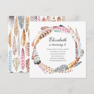 Watercolor feathers wreath. Boho birthday party Invitation