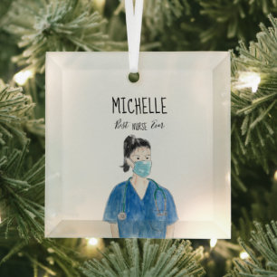Watercolor Female Best Nurse Ever Face Mask Cute Glass Tree Decoration