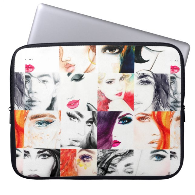 Watercolor female portrait pattern laptop sleeve (Front)